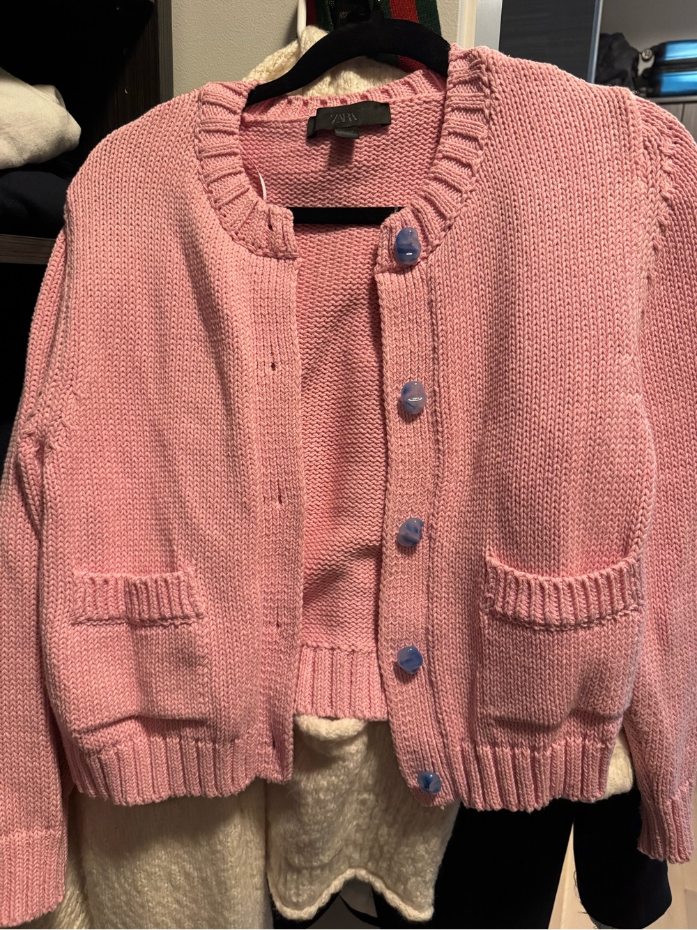 Zara Soft Pink Chunky Knit Button-Front Cardigan